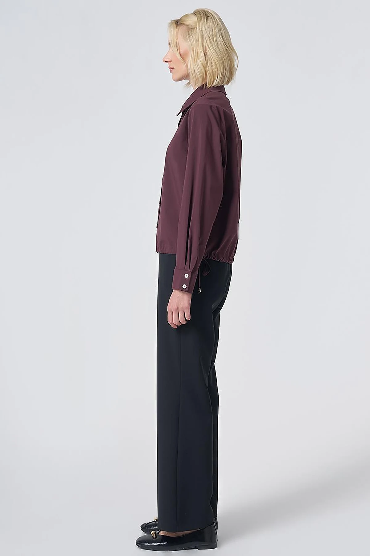 Pocket Detail Cotton Basic Blouse - Burgundy