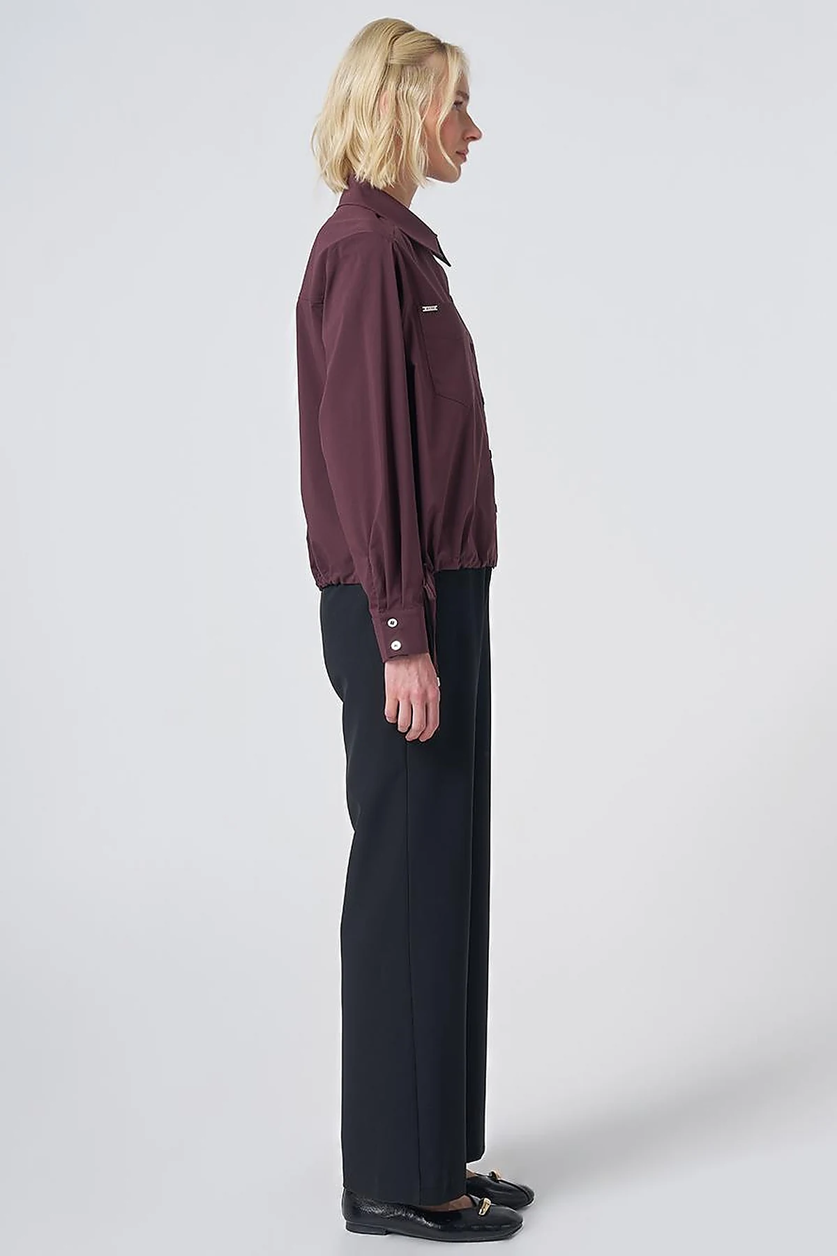 Pocket Detail Cotton Basic Blouse - Burgundy