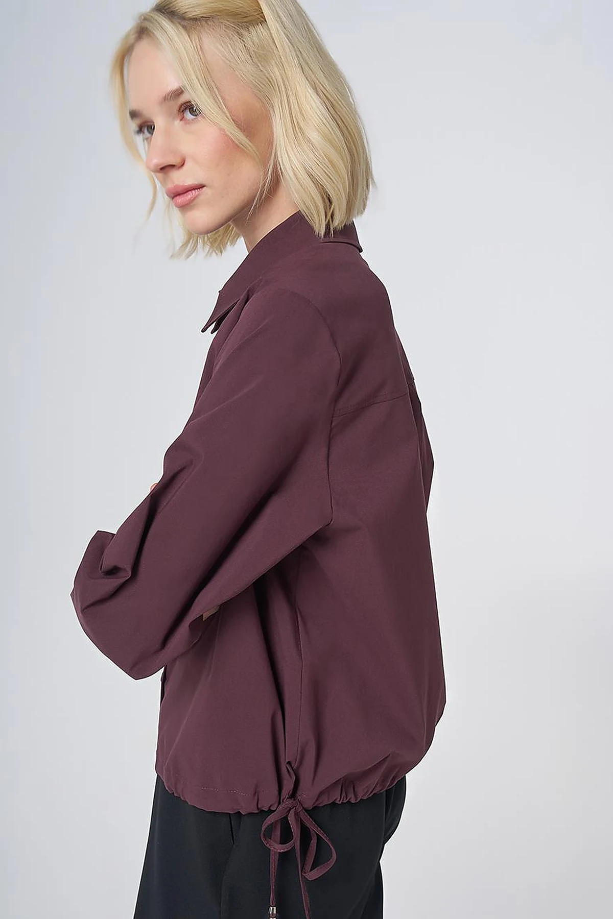 Pocket Detail Cotton Basic Blouse - Burgundy