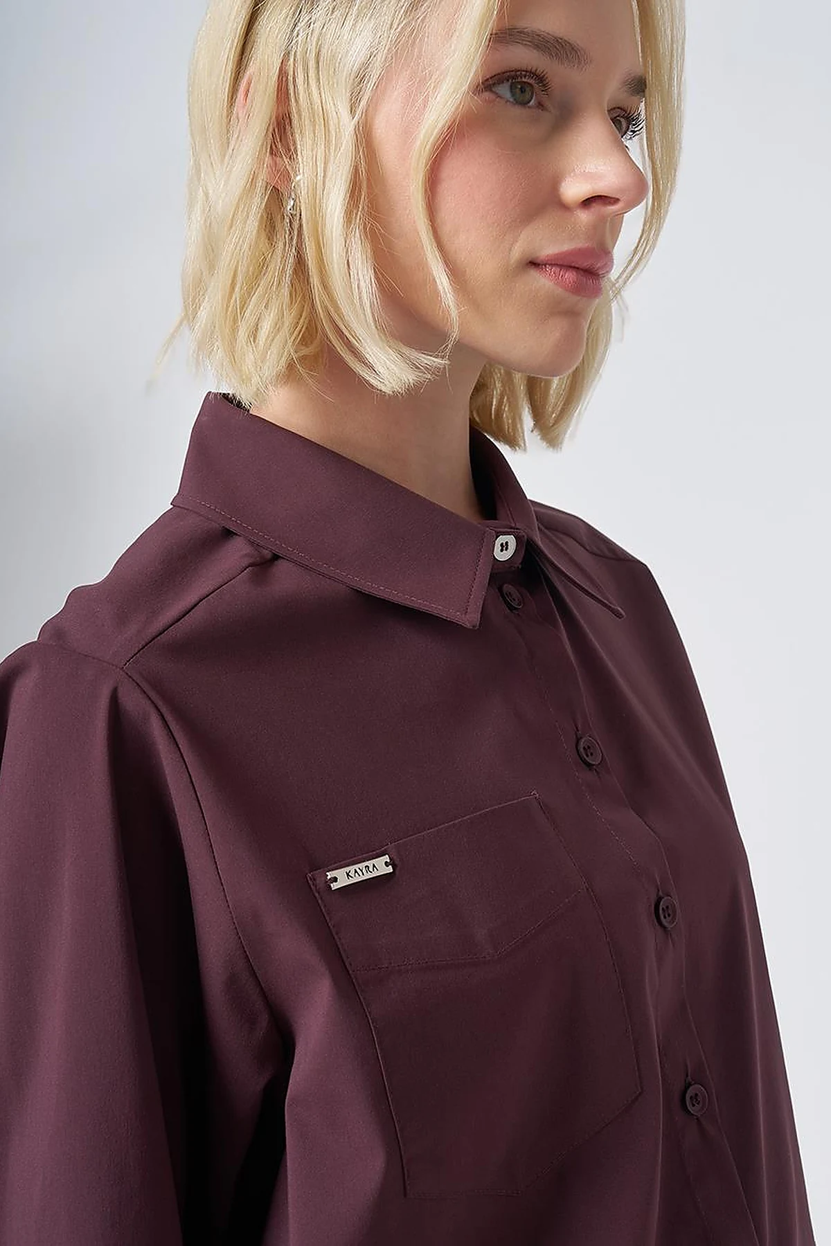 Pocket Detail Cotton Basic Blouse - Burgundy