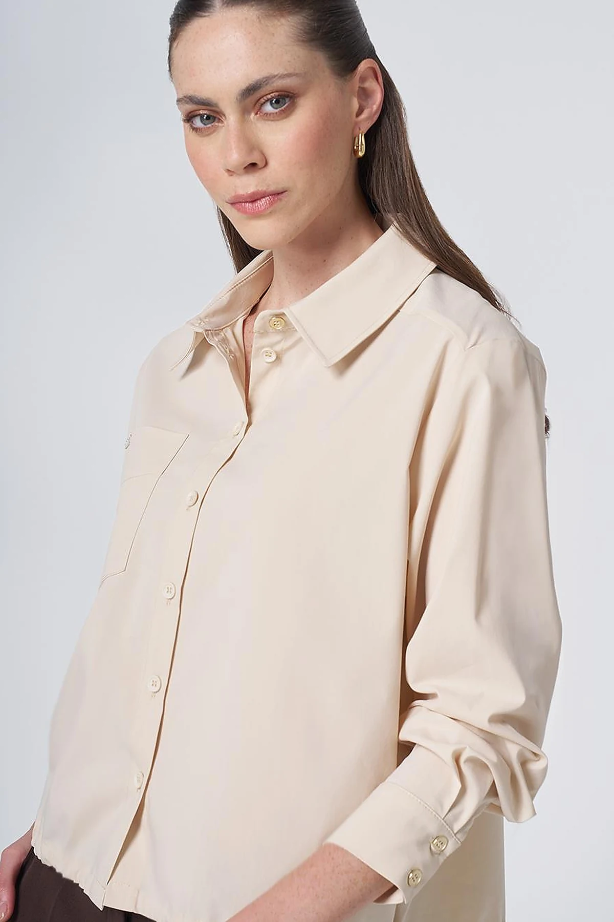 Pocket Detail Cotton Basic Blouse - Cream