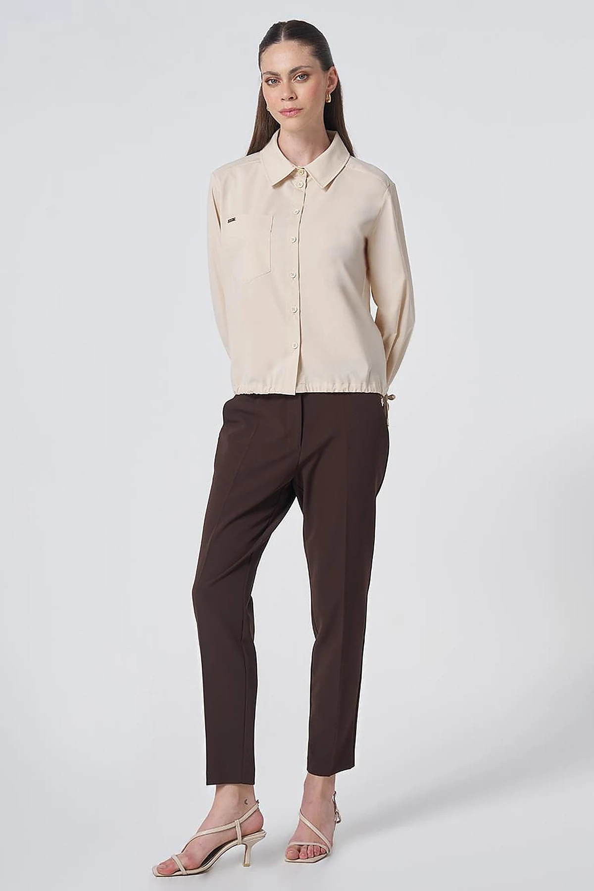 Pocket Detail Cotton Basic Blouse - Cream