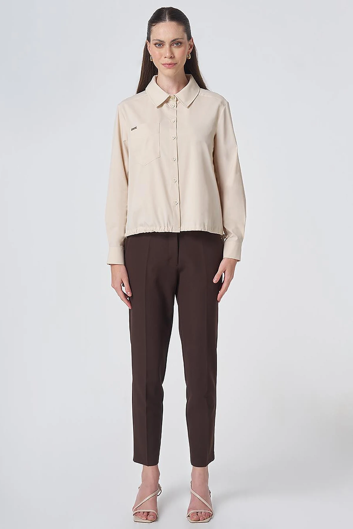 Pocket Detail Cotton Basic Blouse - Cream