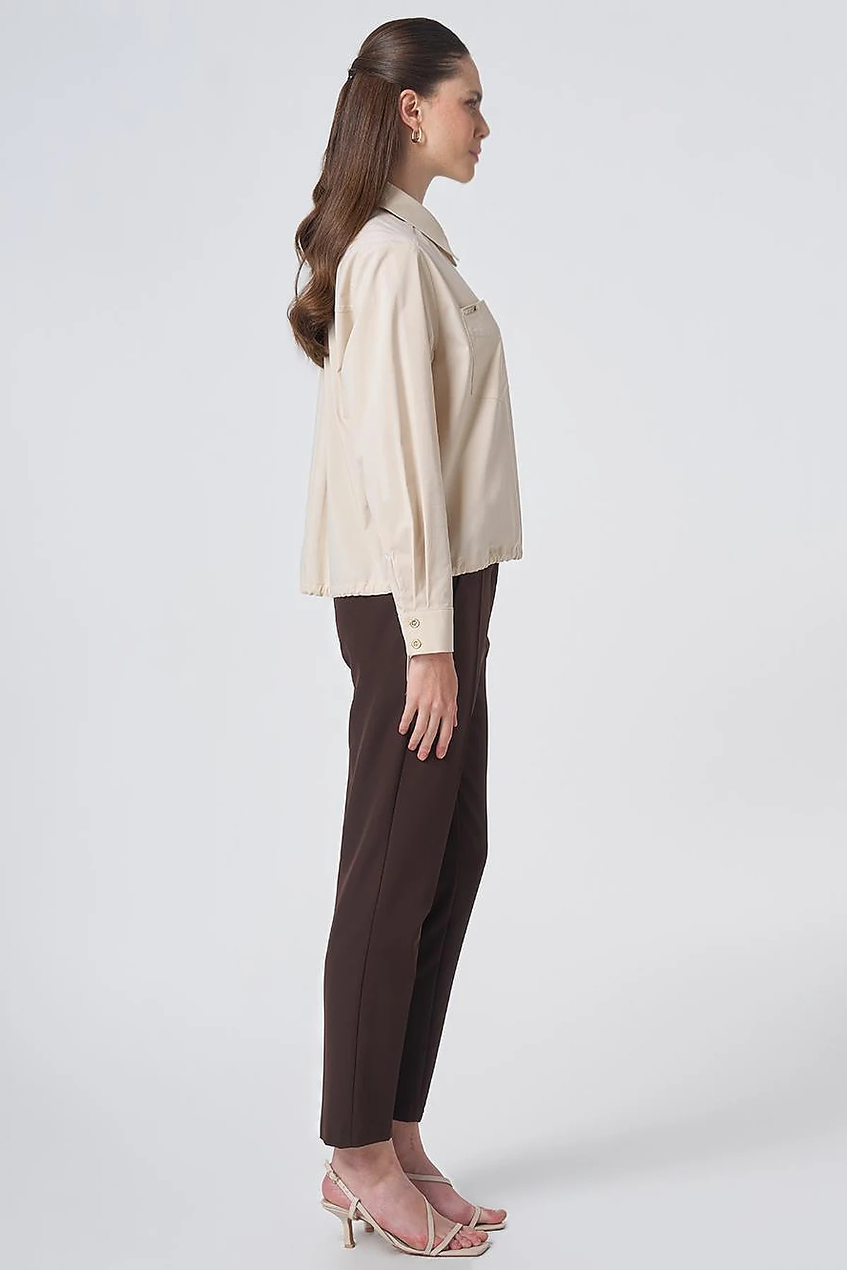 Pocket Detail Cotton Basic Blouse - Cream