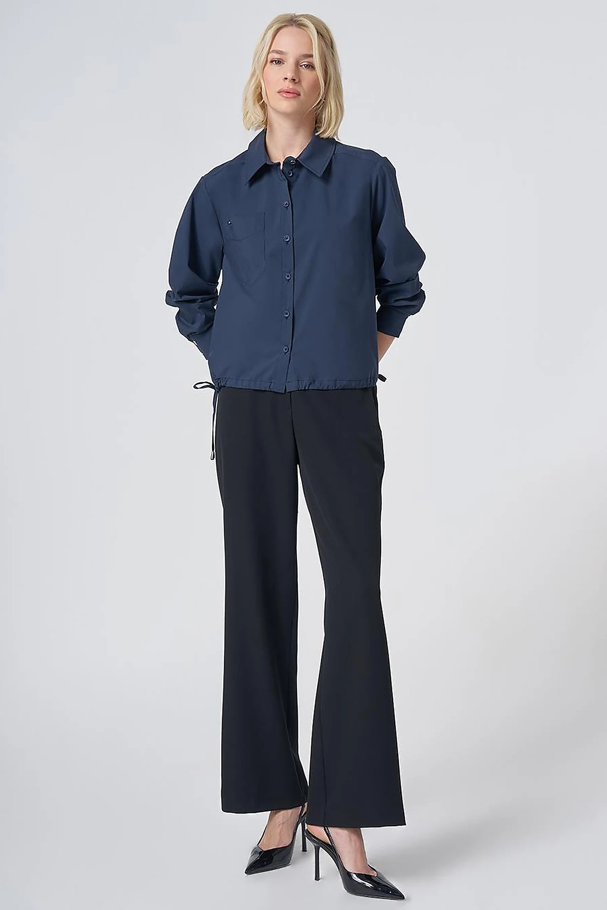Pocket Detail Cotton Basic Blouse - Navy