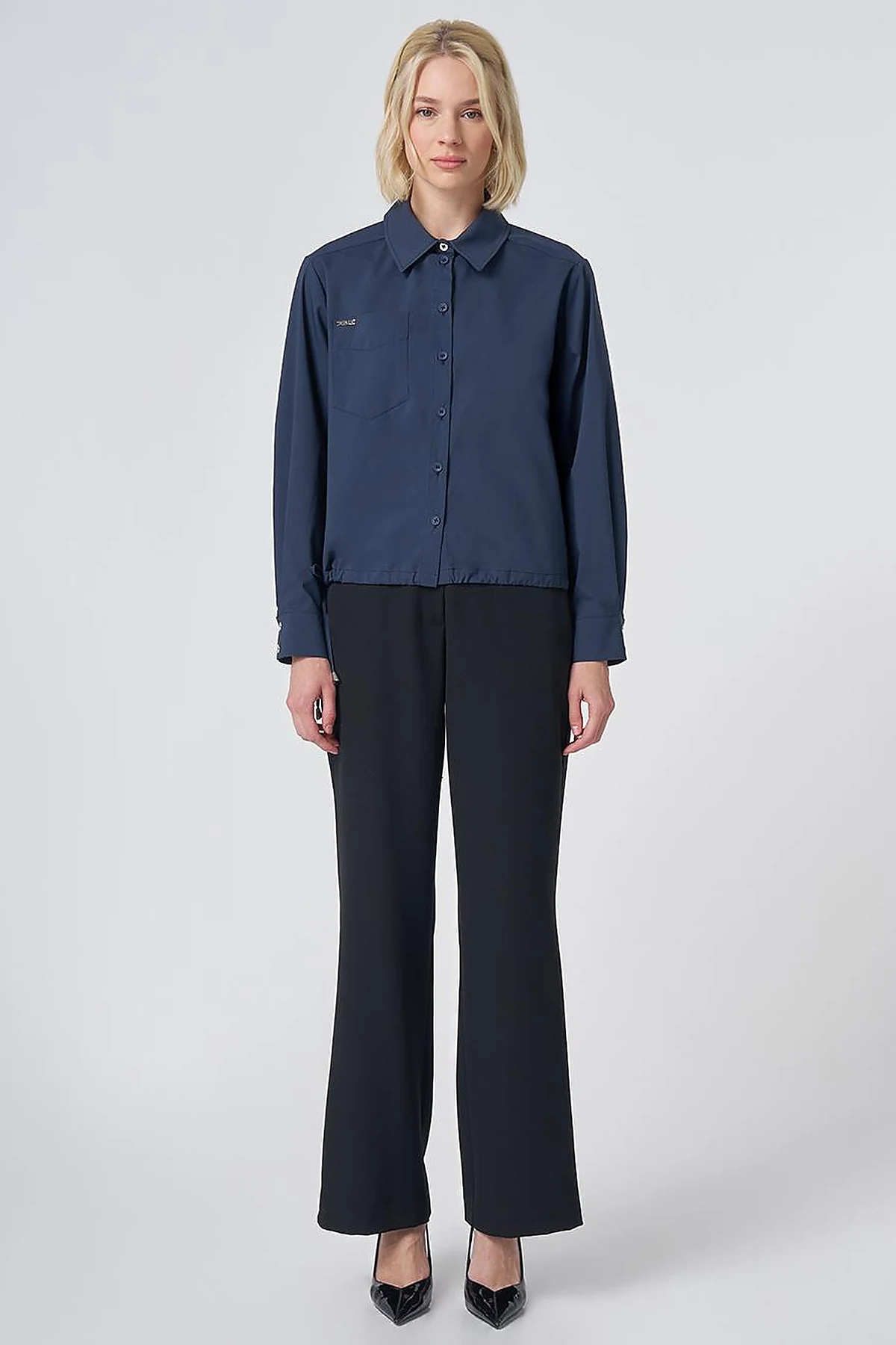 Pocket Detail Cotton Basic Blouse - Navy