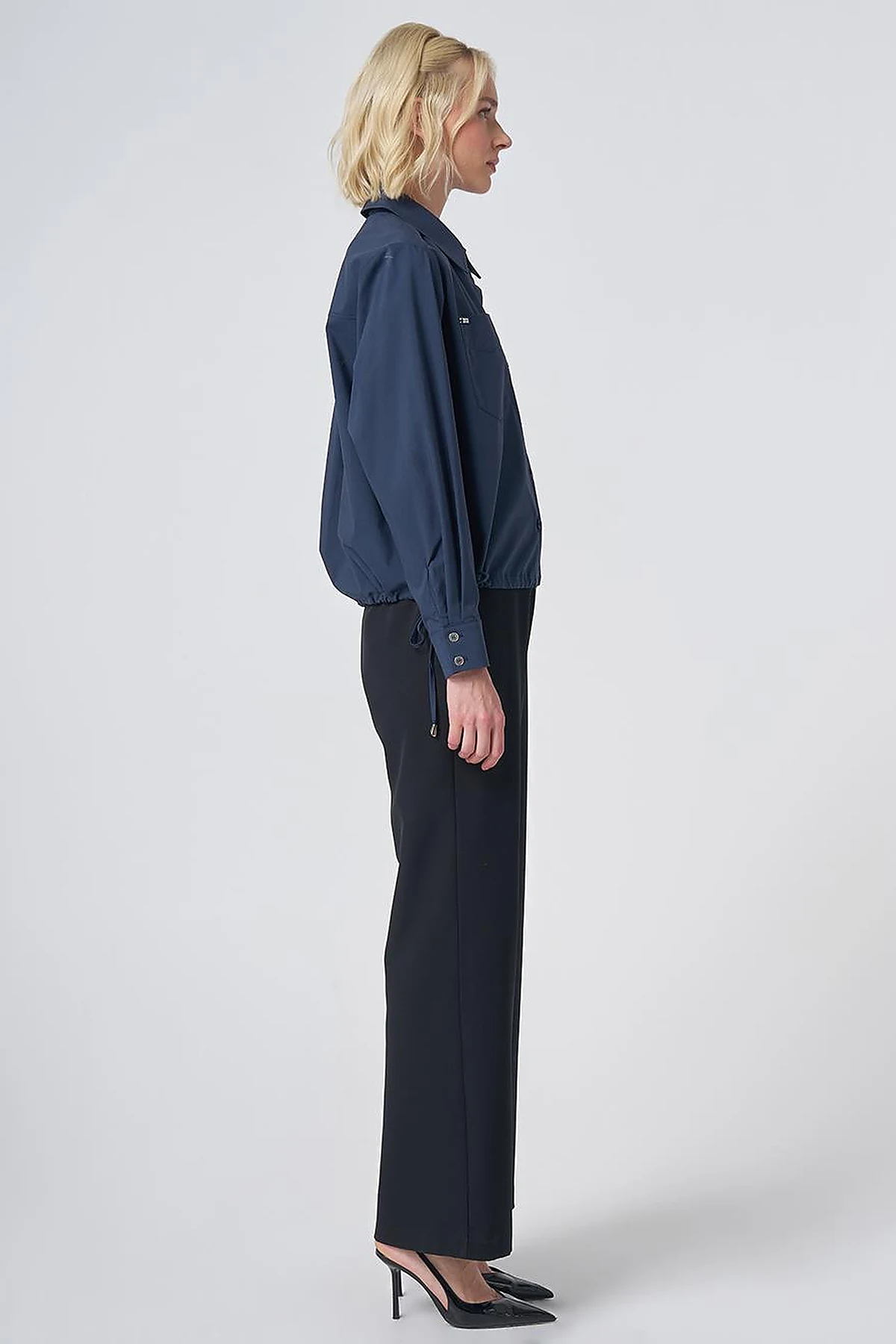 Pocket Detail Cotton Basic Blouse - Navy