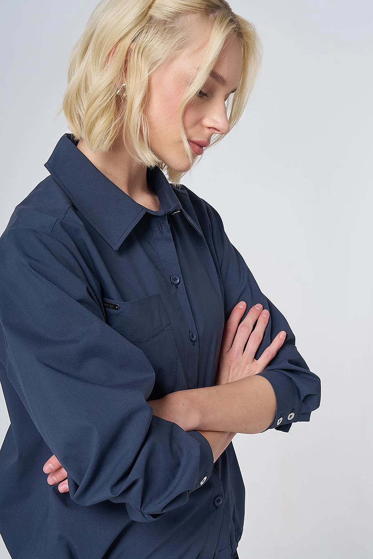 Pocket Detail Cotton Basic Blouse - Navy