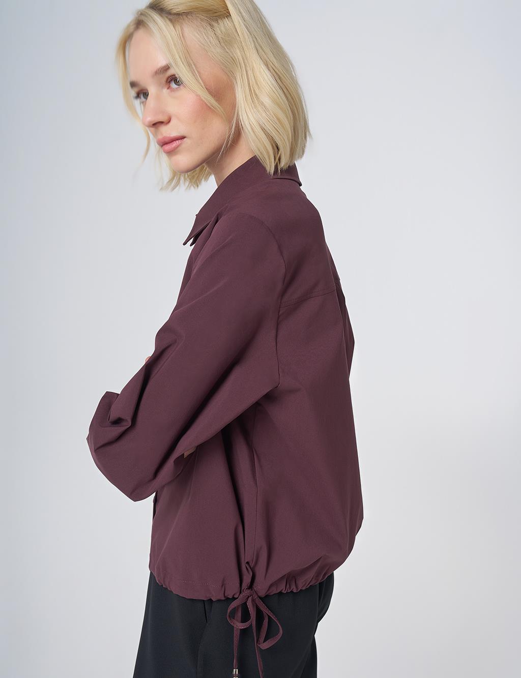 Pocket Detail Cotton Basic Blouse - Burgundy