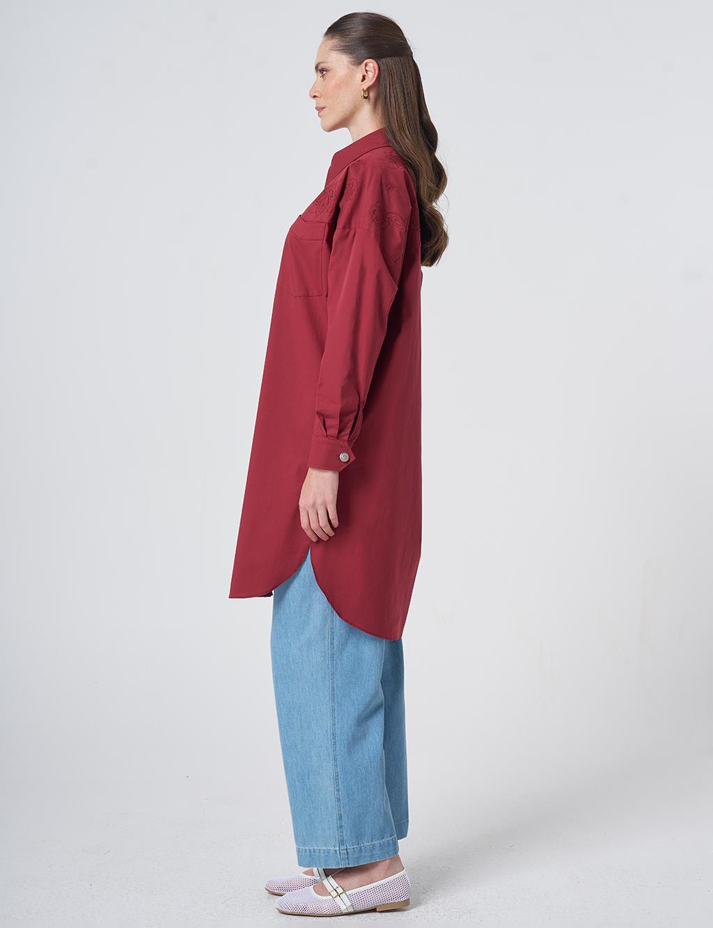 Embroidered Detail Cotton Tunic - Tibetan Red