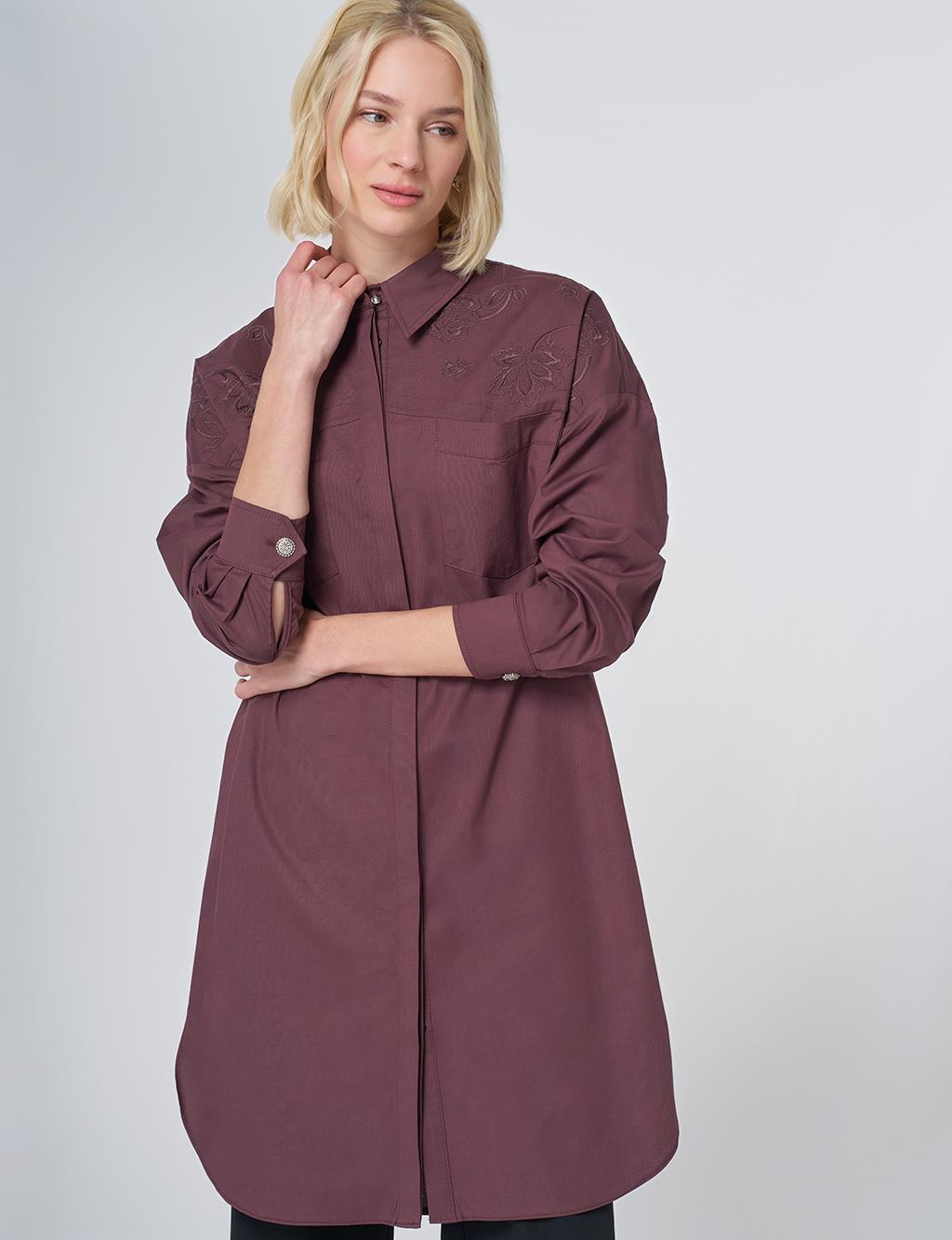 Embroidered Detail Cotton Tunic - Cocoa Powder
