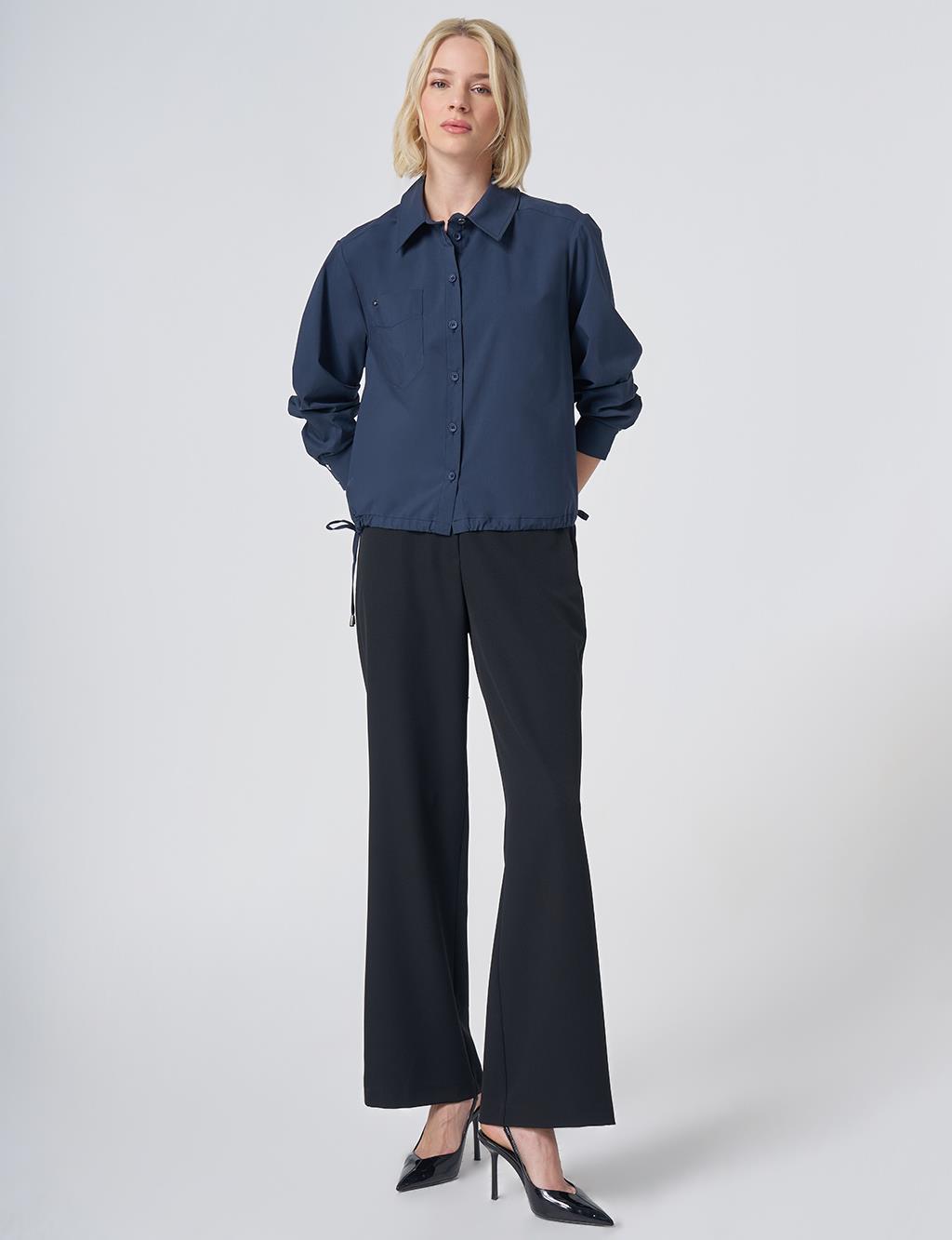 Pocket Detail Cotton Basic Blouse - Navy