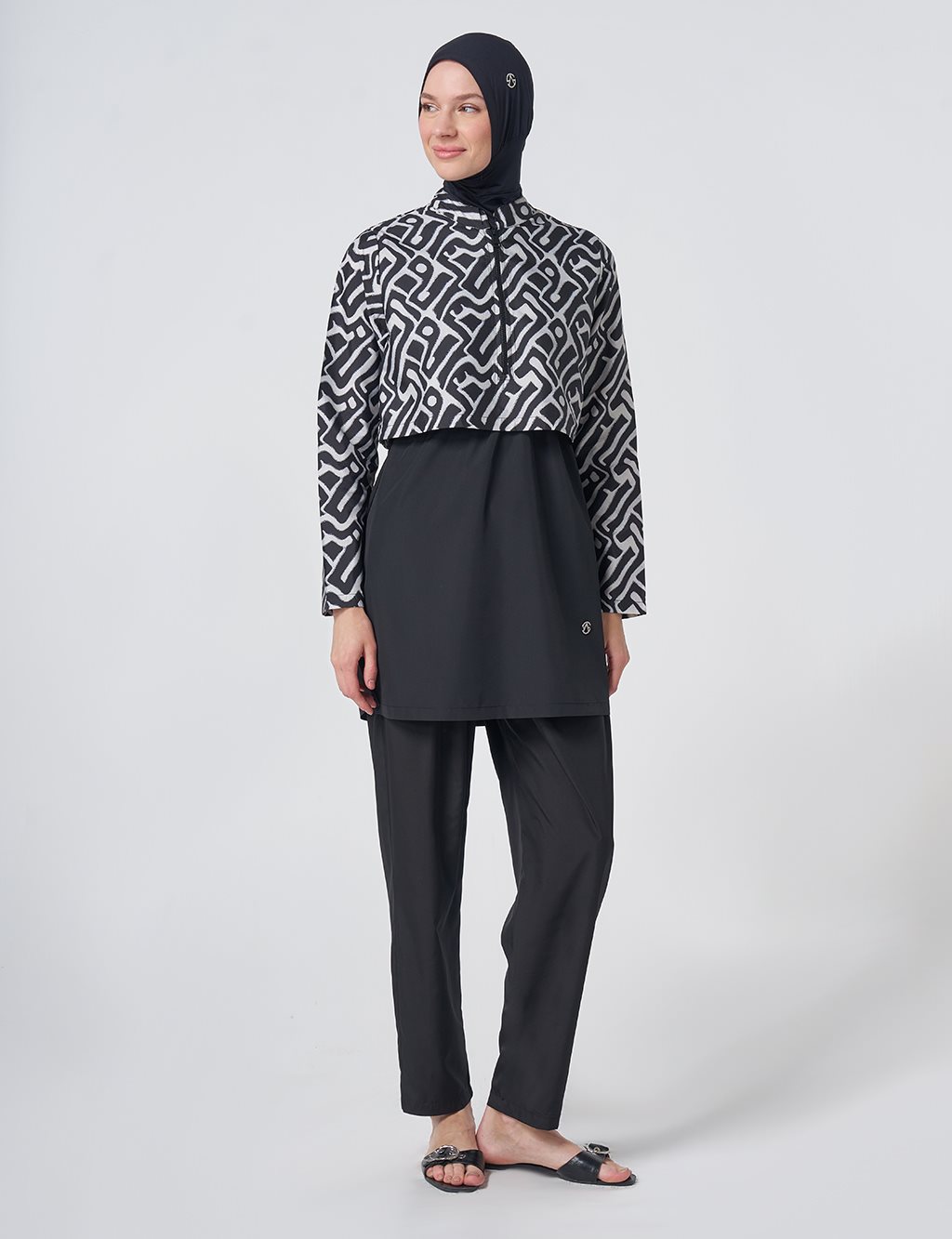 Maze Pattern Modest Swimsuit - Black