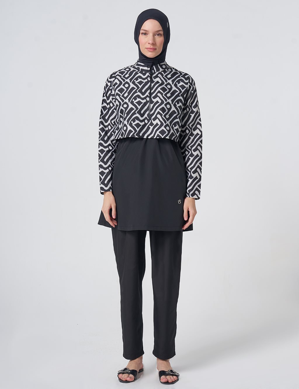 Maze Pattern Modest Swimsuit - Black
