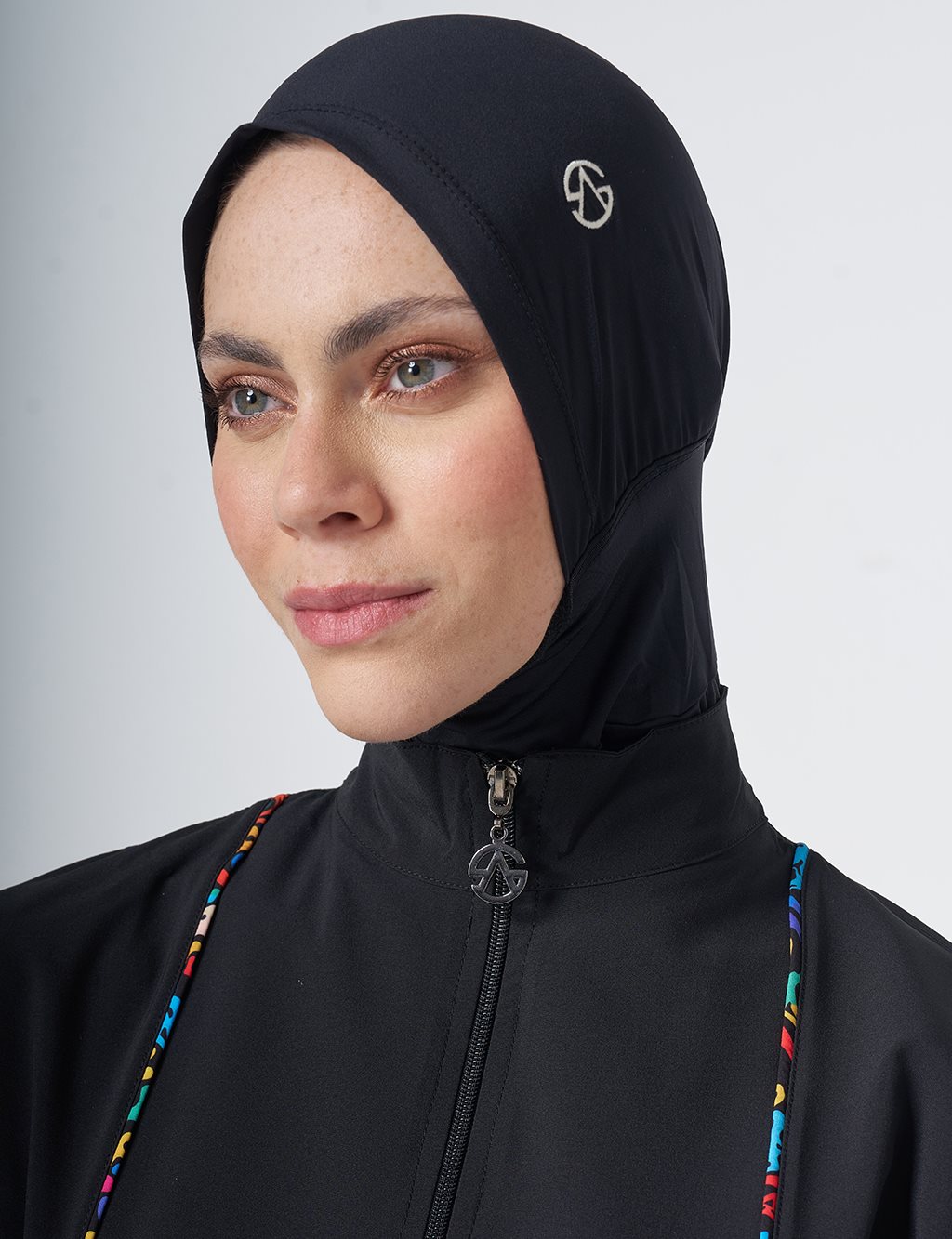 Modest Swimsuit with Multicolored Stripe Details - Black