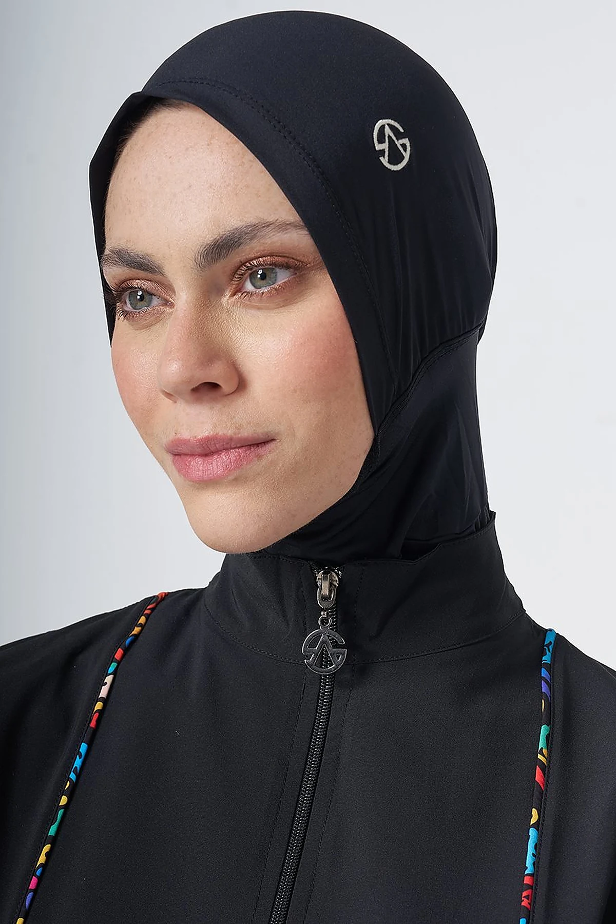 Modest Swimsuit with Multicolored Stripe Details - Black