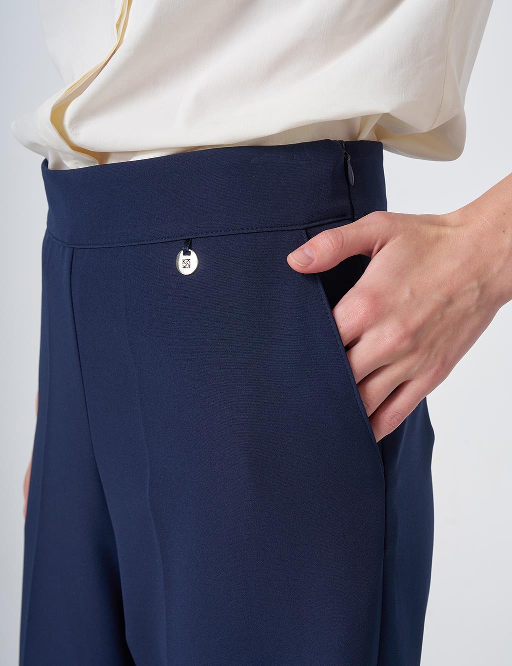 Basic Fabric Trousers with Crease Detail - Navy
