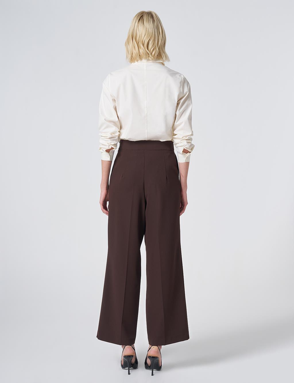 Basic Fabric Trousers with Crease Detail - Dark Brown