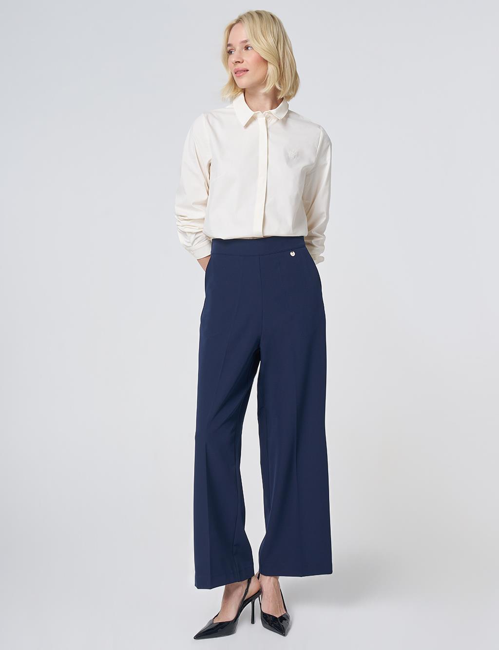Basic Fabric Trousers with Crease Detail - Navy