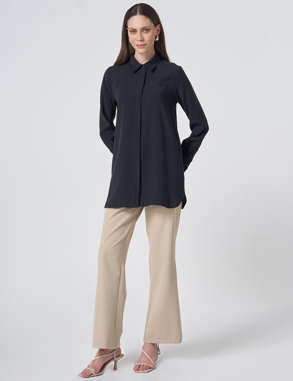 Shirt Collar Basic Modal Tunic – Black