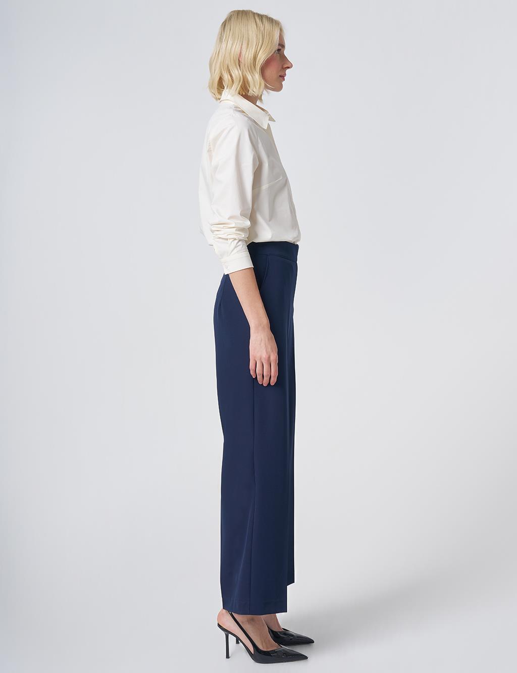 Basic Fabric Trousers with Crease Detail - Navy