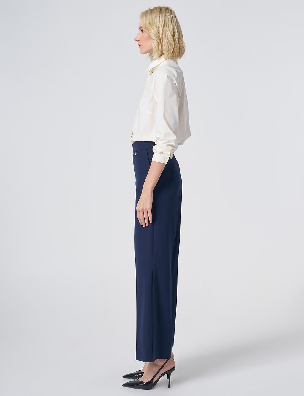 Basic Fabric Trousers with Crease Detail - Navy