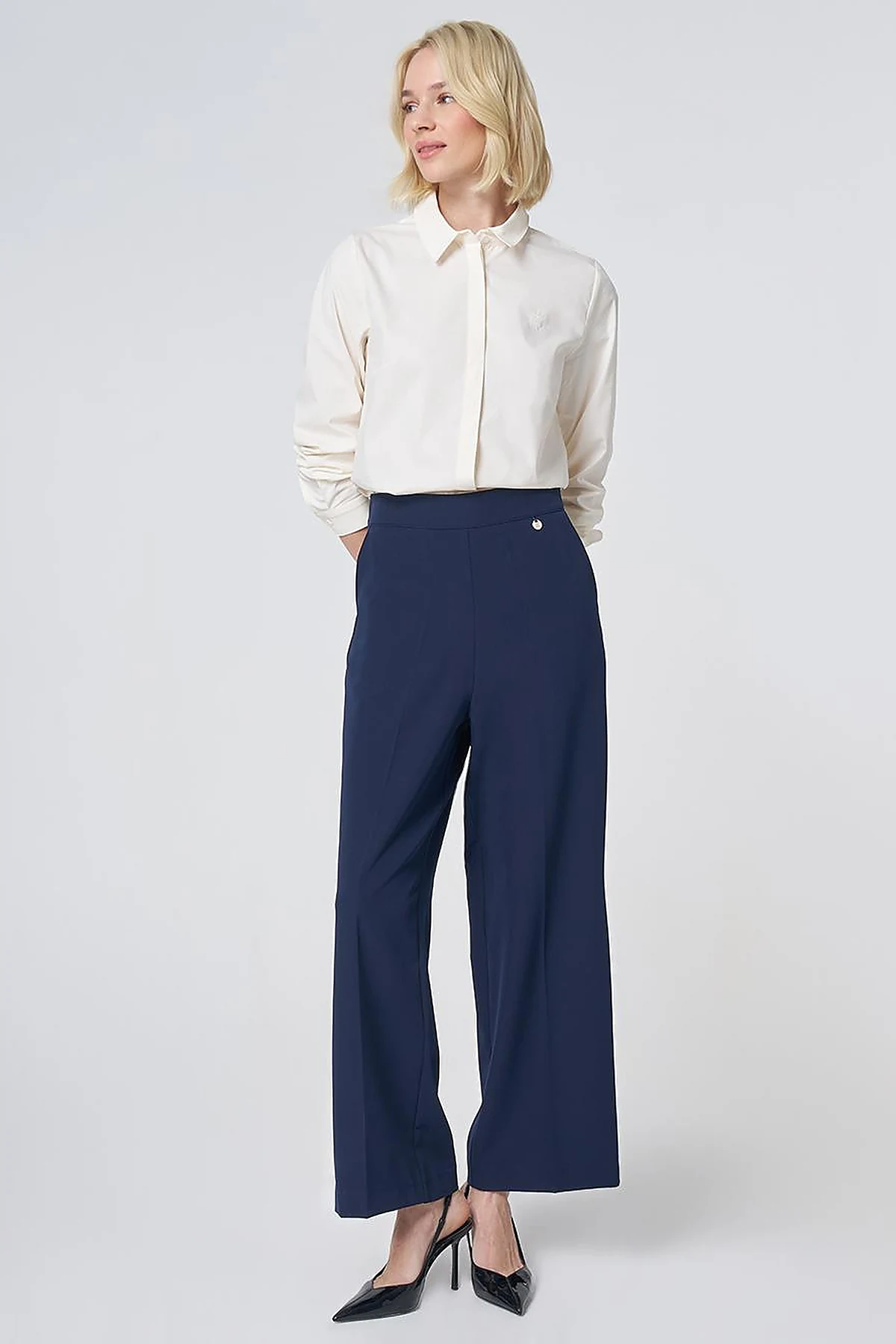 Basic Fabric Trousers with Crease Detail - Navy