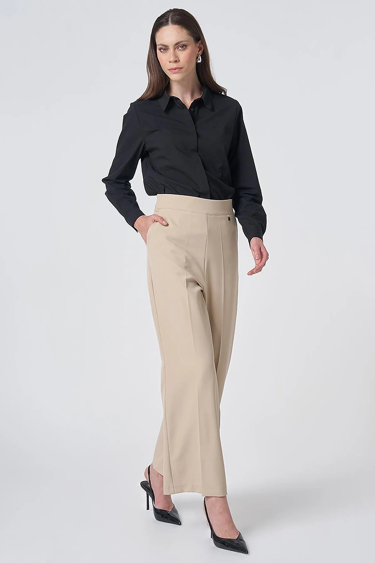 Basic Fabric Trousers with Crease Detail - Stone