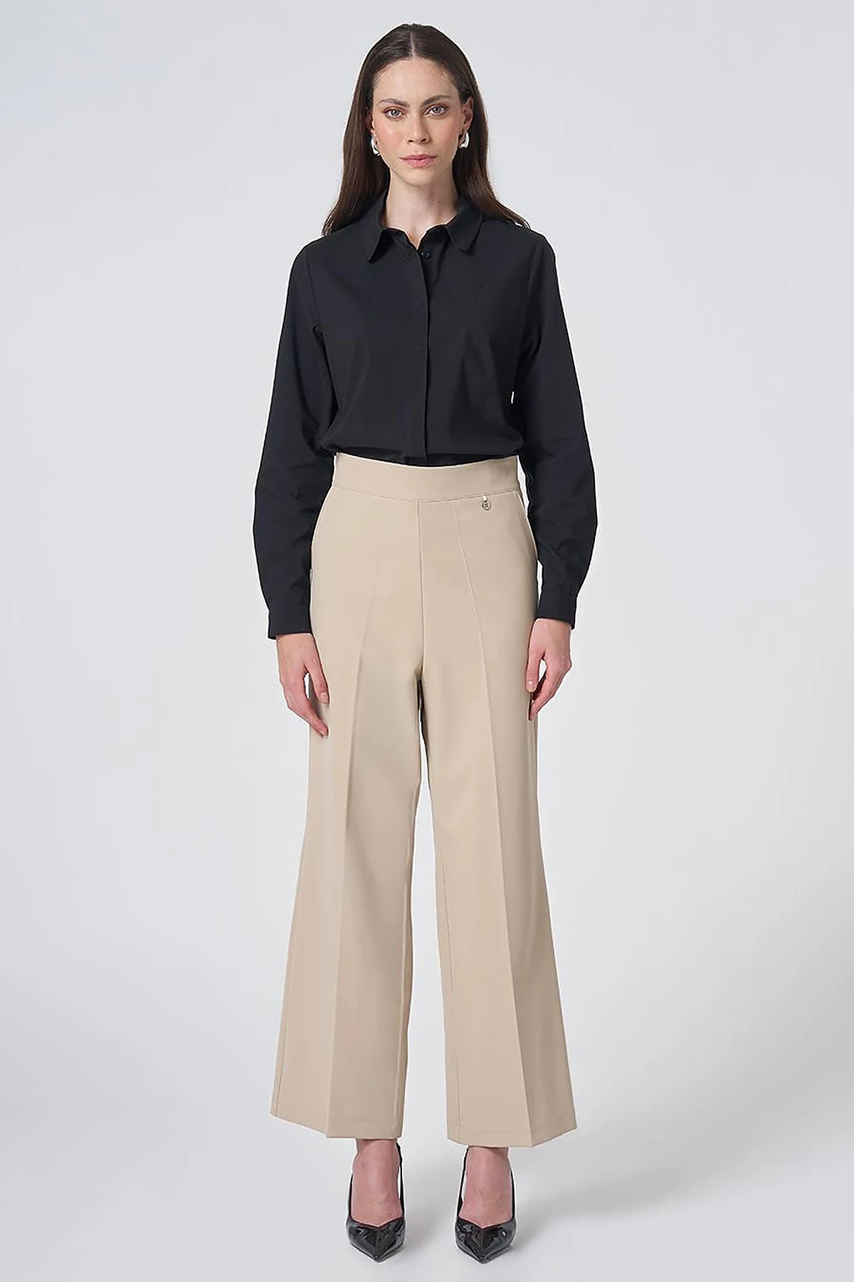 Basic Fabric Trousers with Crease Detail - Stone