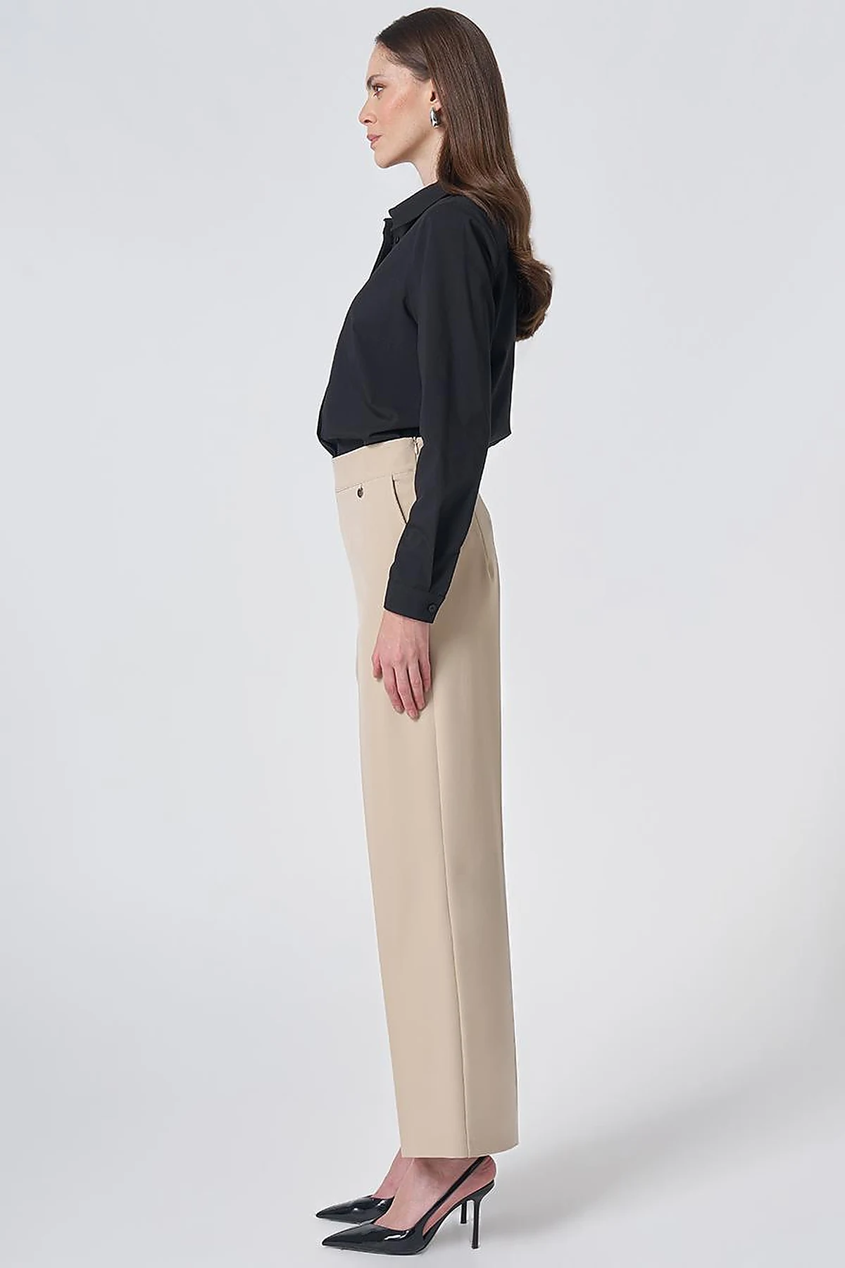 Basic Fabric Trousers with Crease Detail - Stone