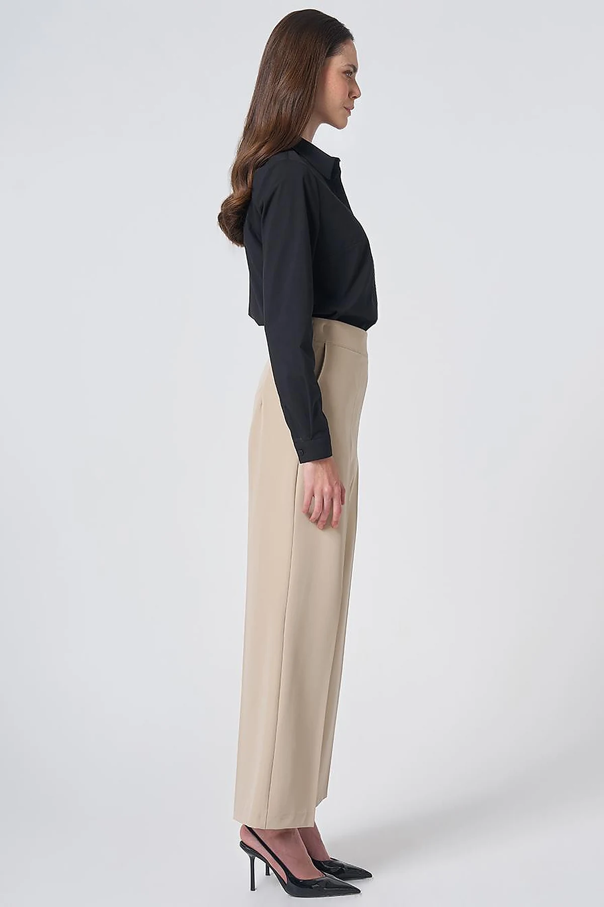 Basic Fabric Trousers with Crease Detail - Stone