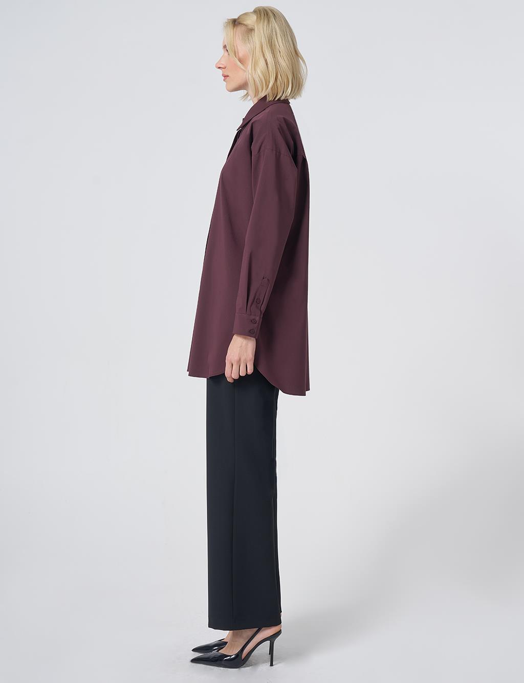 Concealed Placket Cotton Tunic Burgundy
