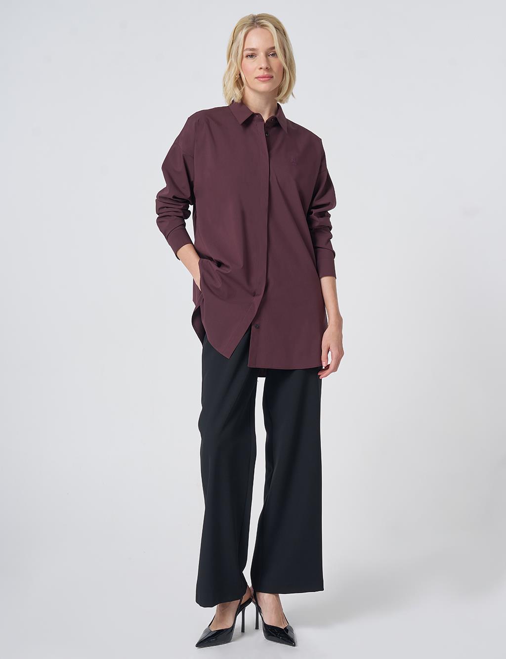Concealed Placket Cotton Tunic Burgundy