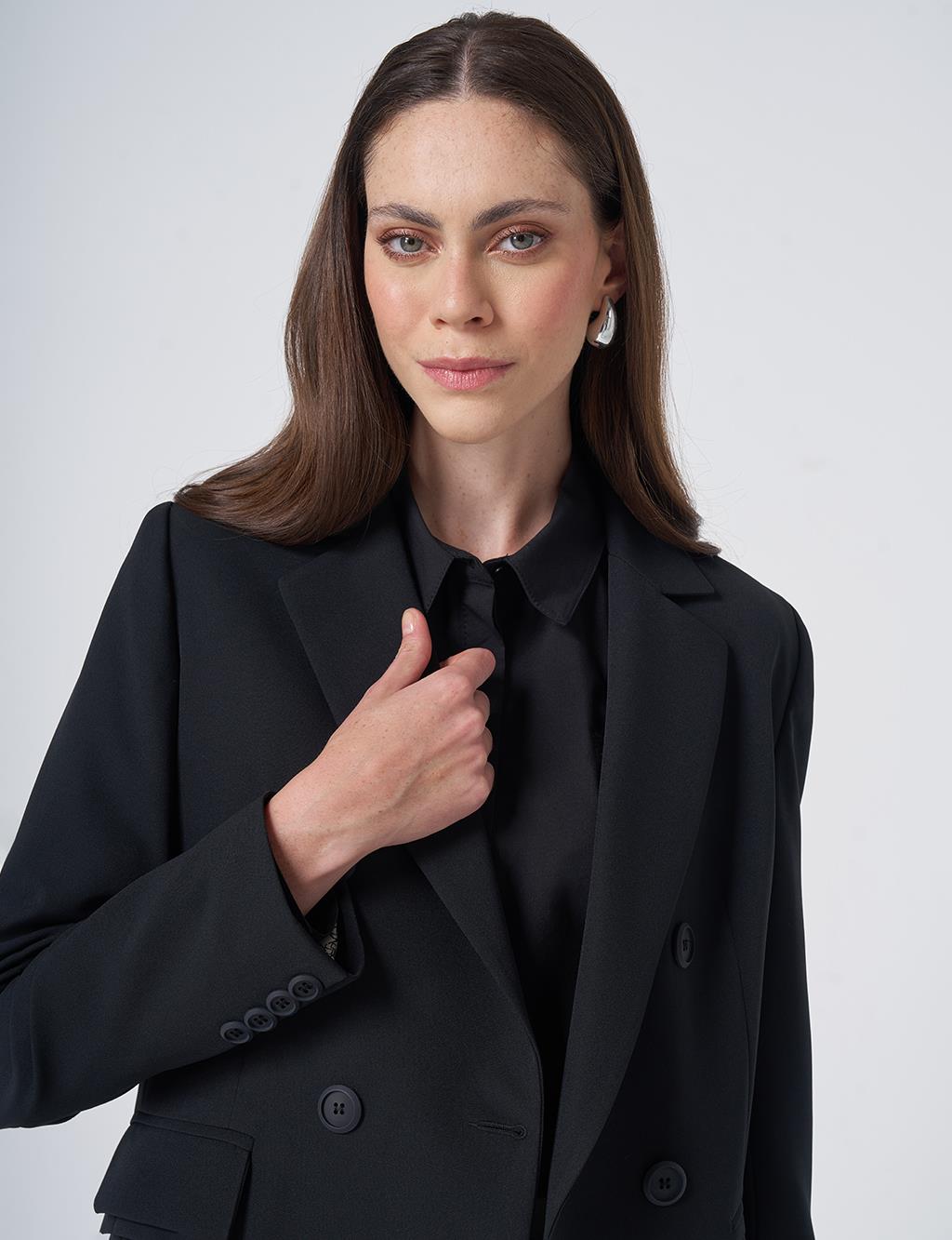 Basic Notched Collar Blazer Jacket – Black