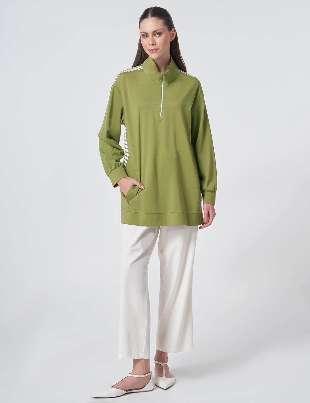  Contrast-Trim Rayon Sweatshirt – Matcha Green