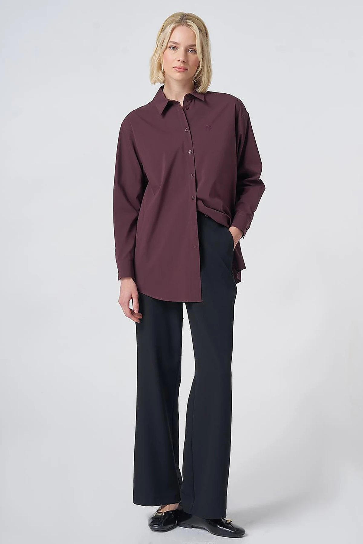 Buttoned Cotton Basic Shirt Burgundy