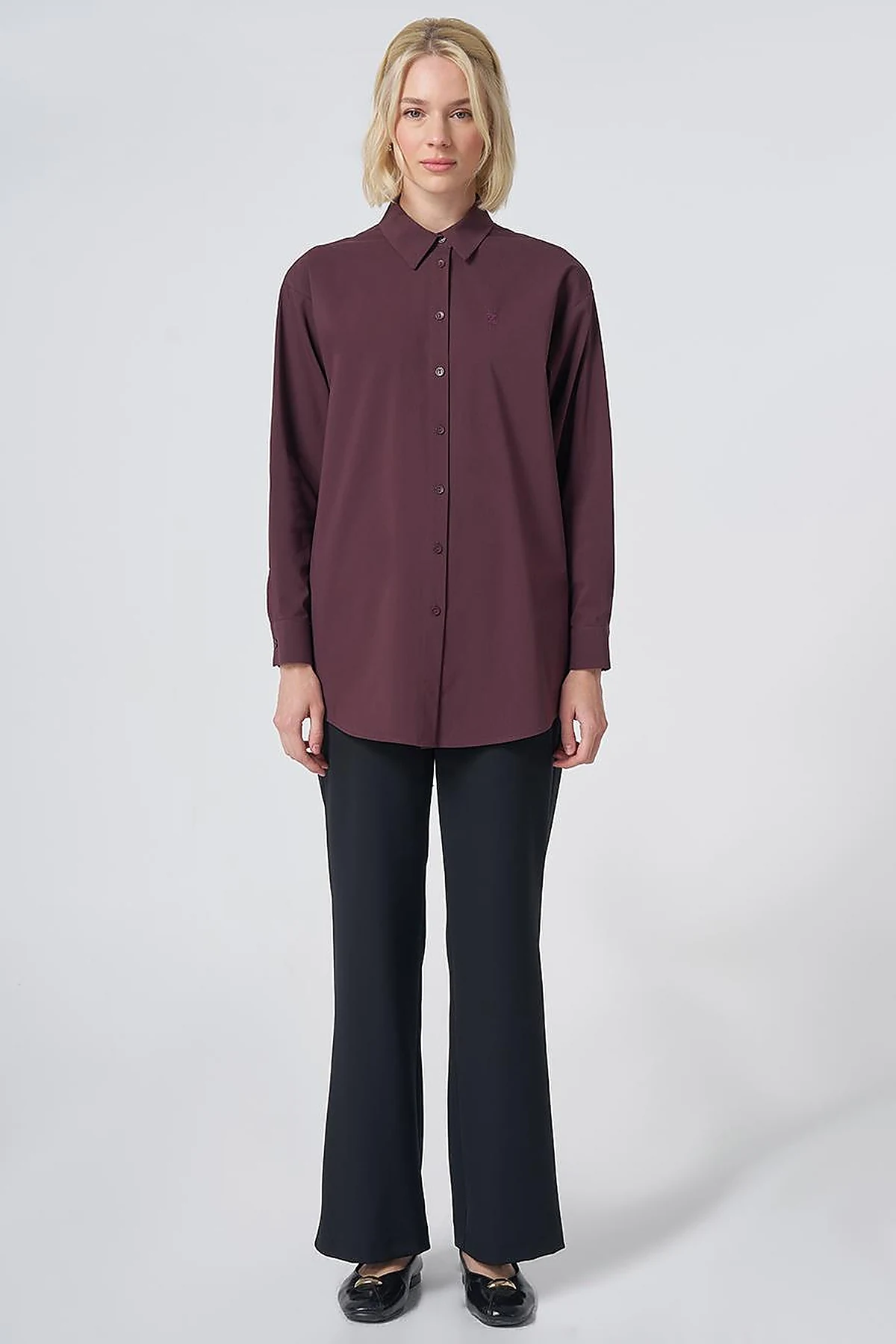 Buttoned Cotton Basic Shirt Burgundy