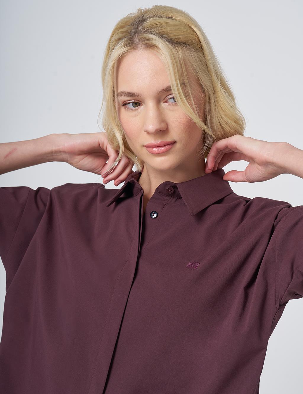 Concealed Placket Cotton Tunic Burgundy