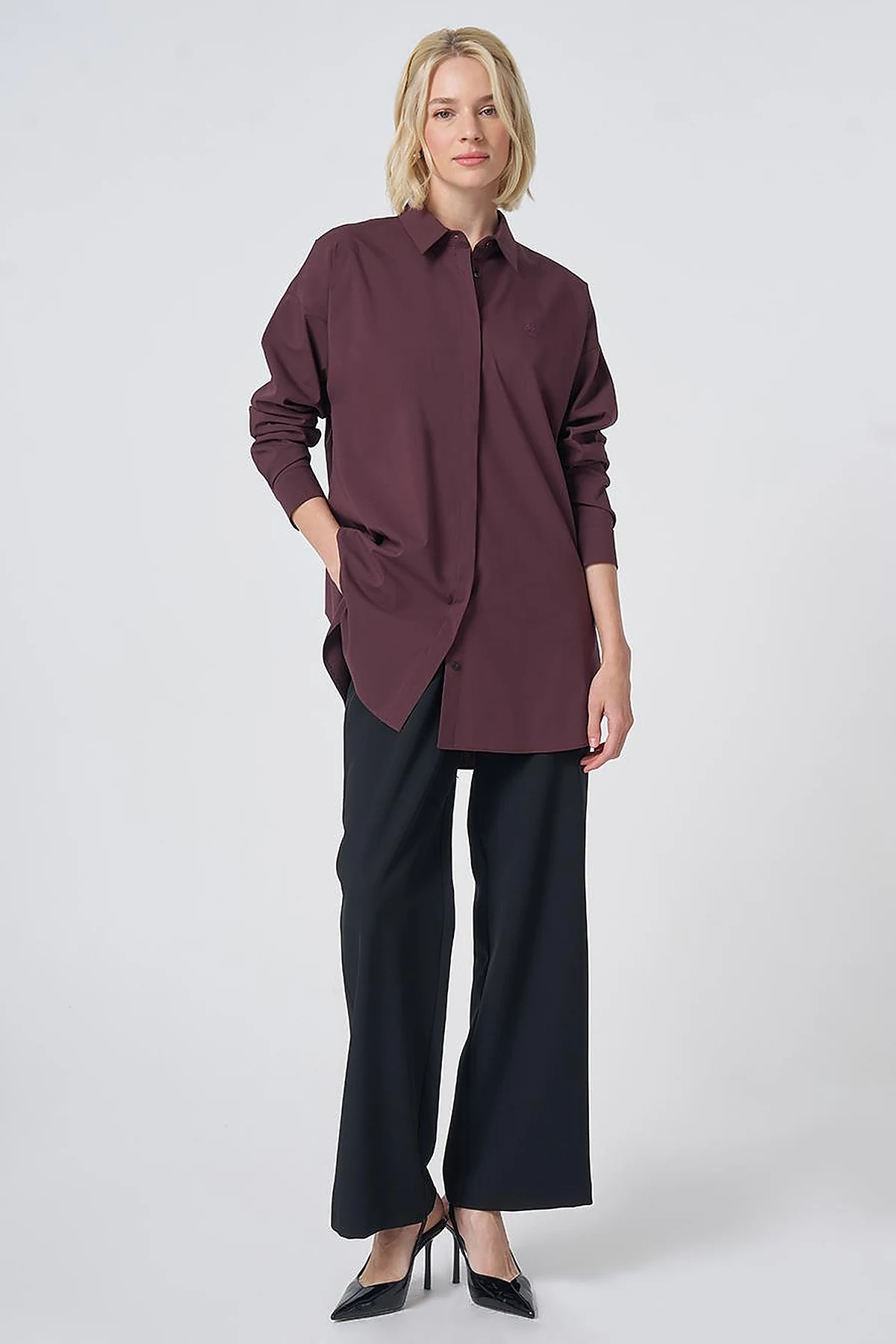 Concealed Placket Cotton Tunic Burgundy