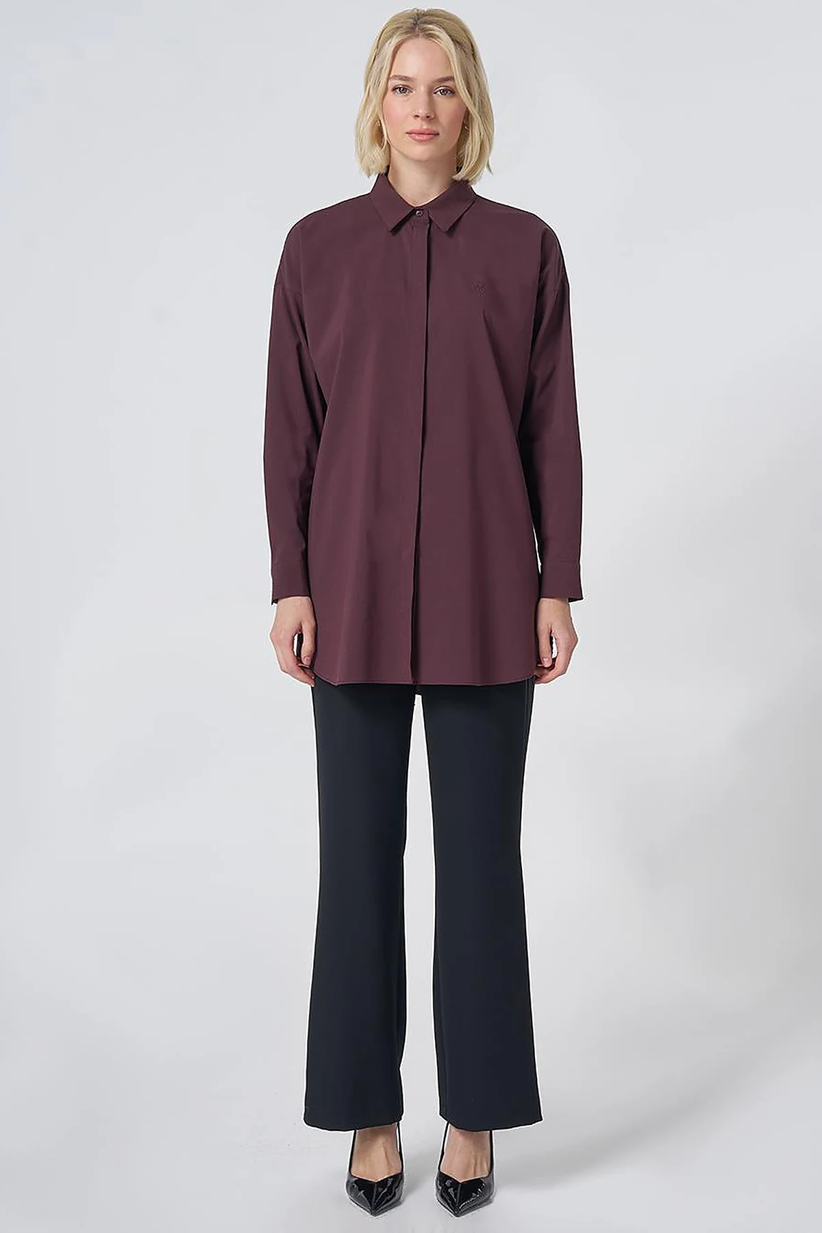 Concealed Placket Cotton Tunic Burgundy