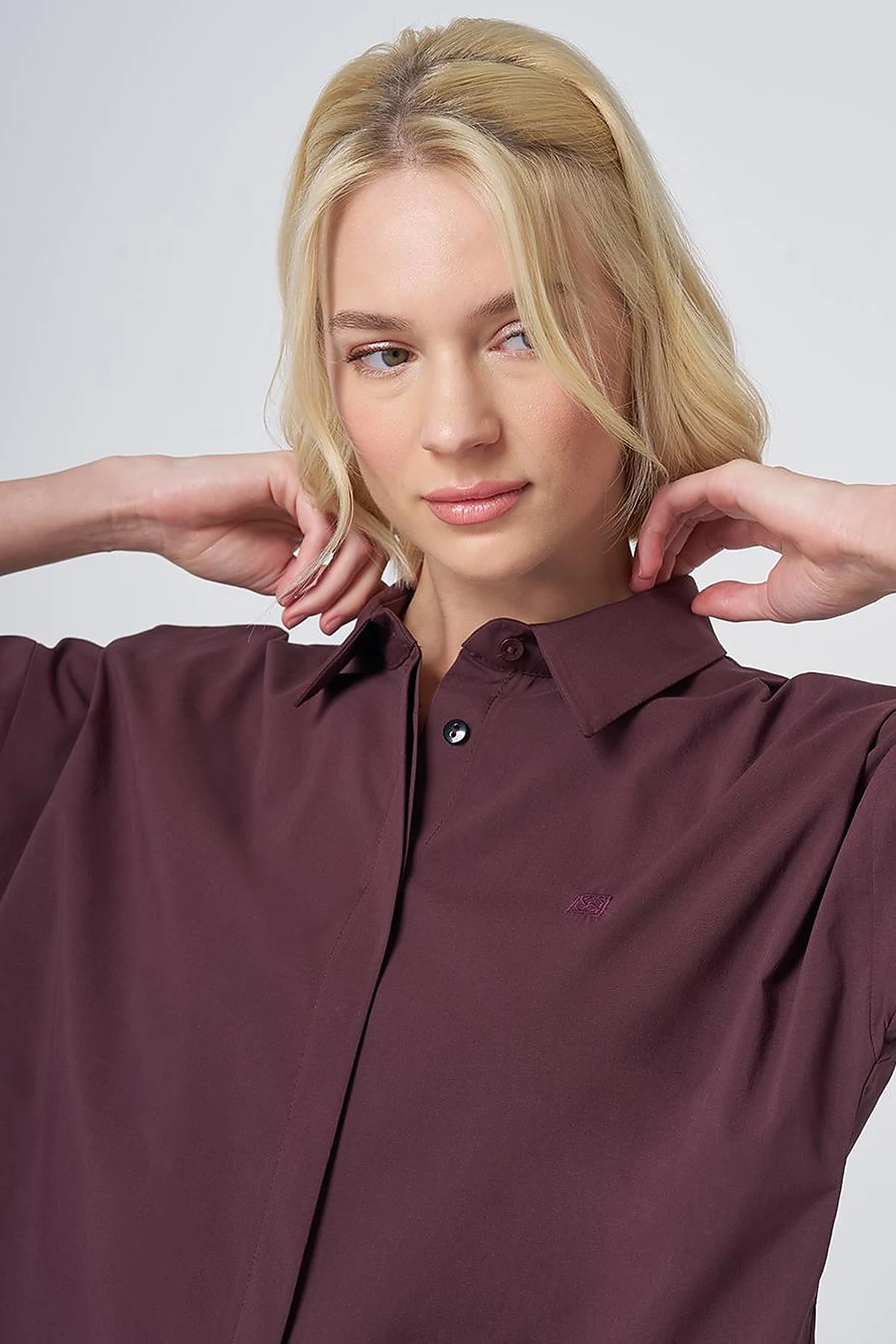 Concealed Placket Cotton Tunic Burgundy