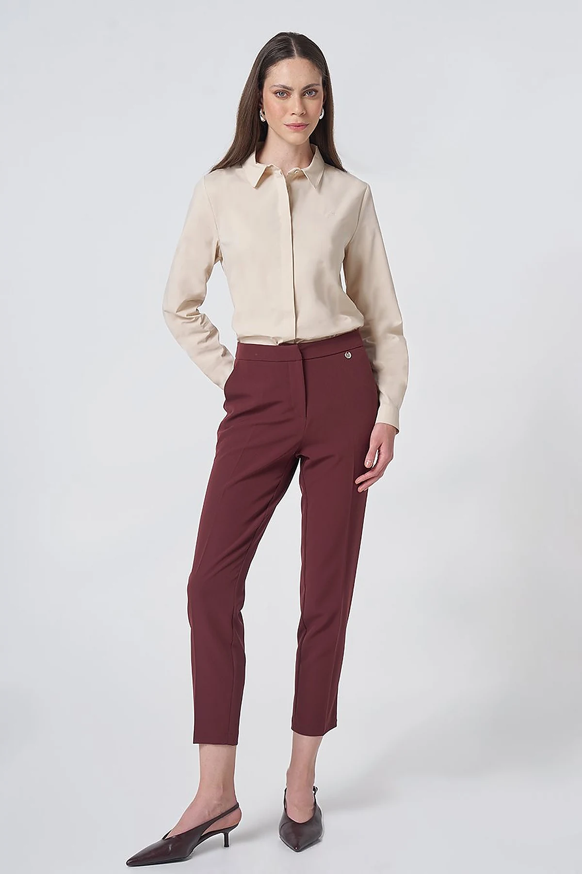Pocket Detail Basic Tailored Trousers – Burgundy