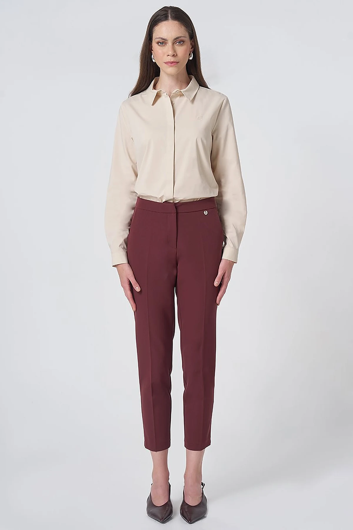 Pocket Detail Basic Tailored Trousers – Burgundy