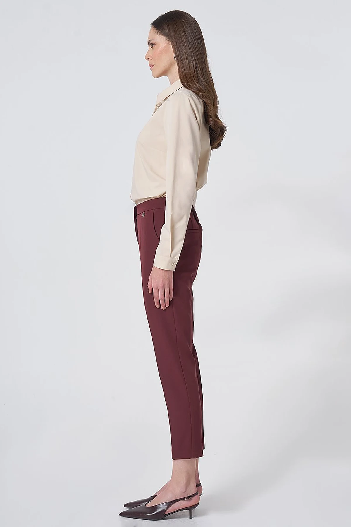 Pocket Detail Basic Tailored Trousers – Burgundy