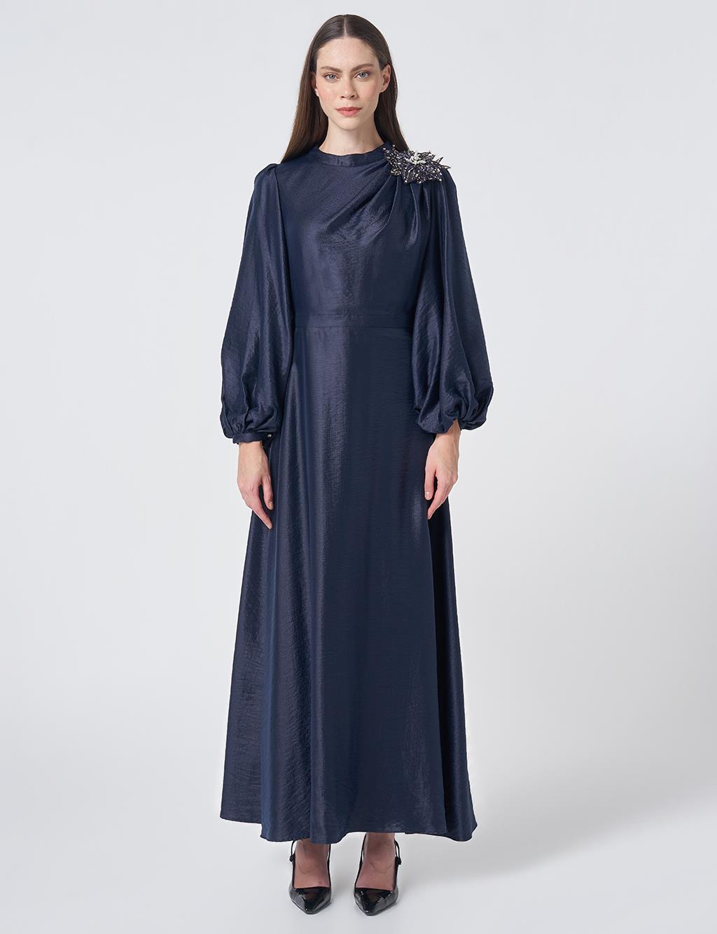 Embroidered Detail Satin Dress Dark Navy