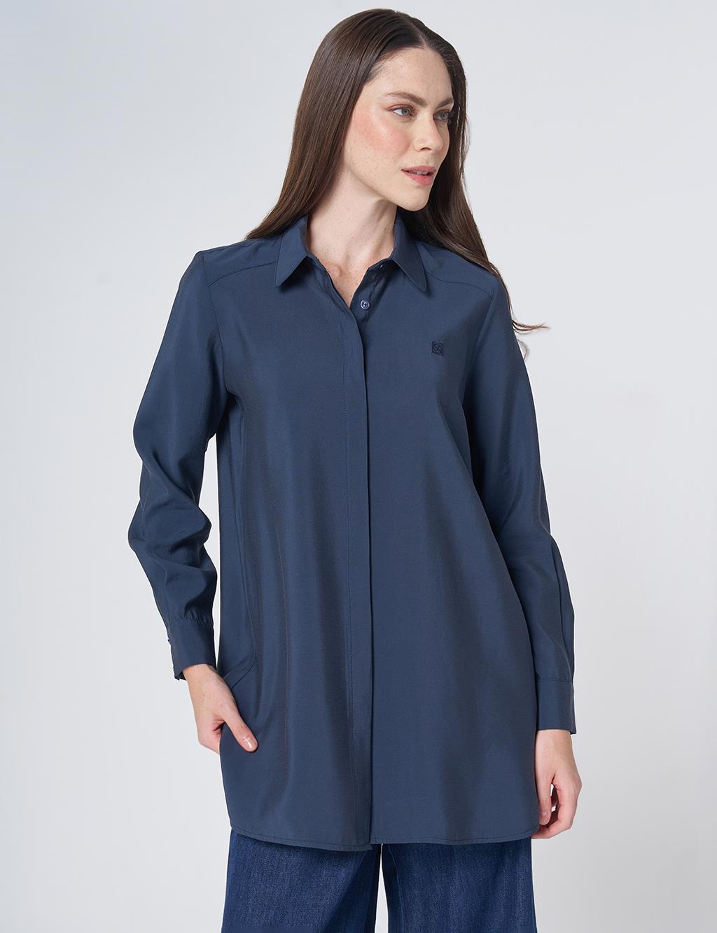 Shirt Collar Basic Modal Tunic – Navy