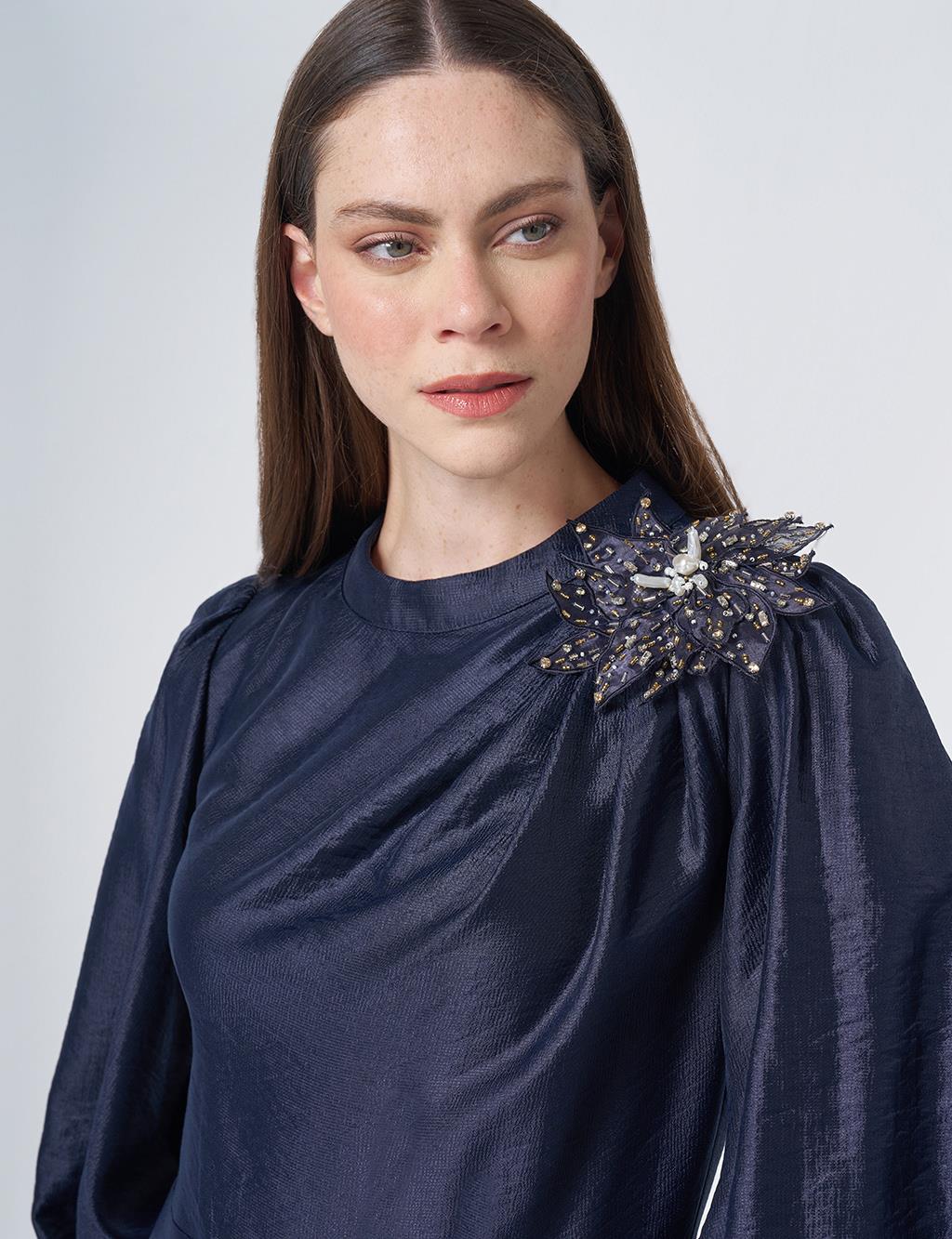 Embroidered Detail Satin Dress Dark Navy