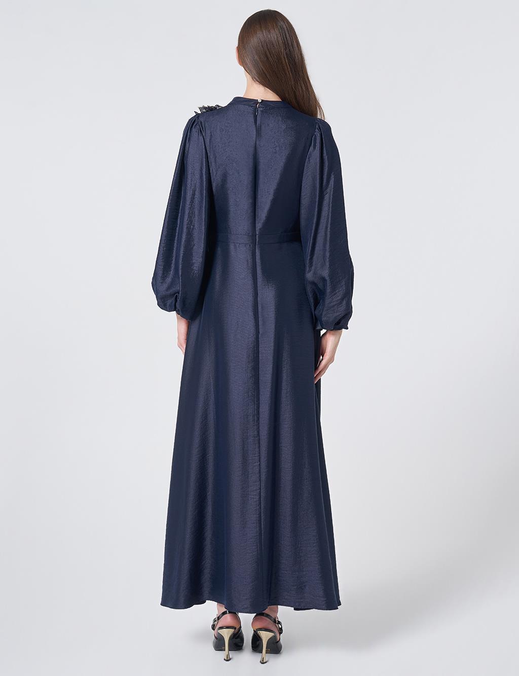 Embroidered Detail Satin Dress Dark Navy
