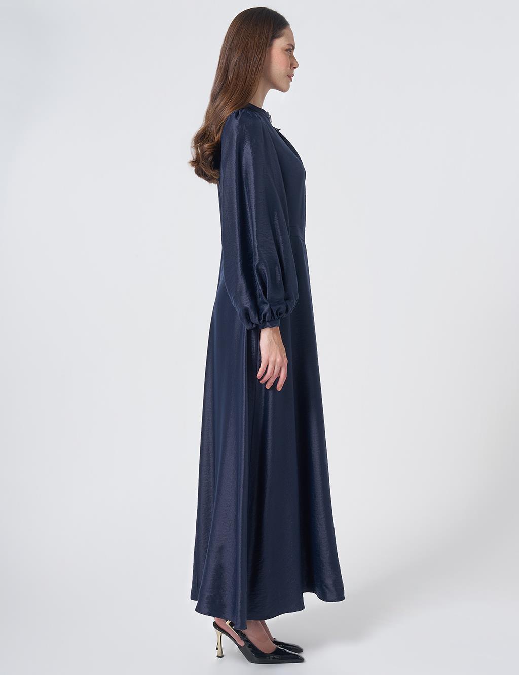 Embroidered Detail Satin Dress Dark Navy