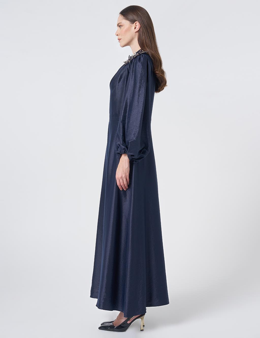 Embroidered Detail Satin Dress Dark Navy